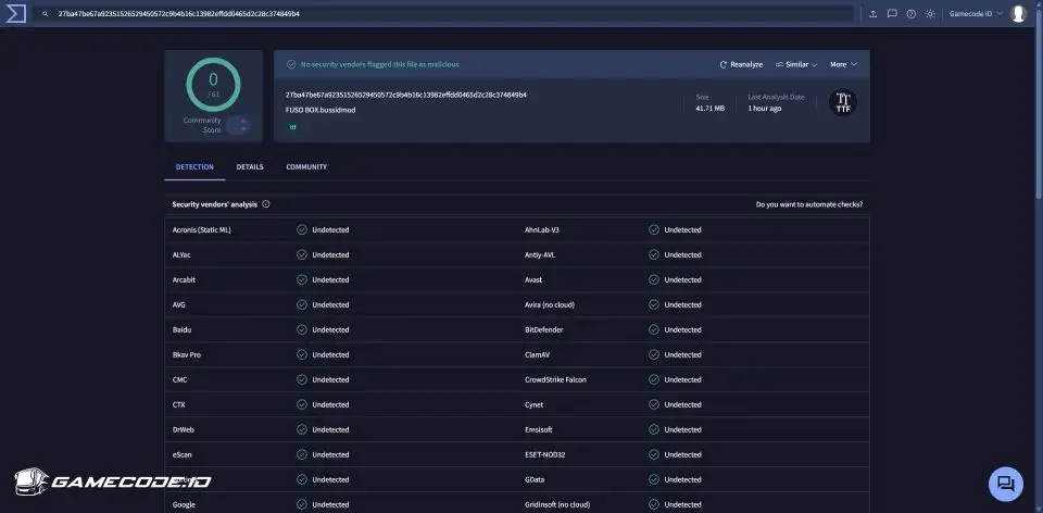 Hasil scan virustotal - Mod Truck Fuso Box Mbois