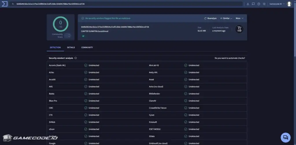 Hasil scan virustotal - Mod Truck Canter Sumatera Style