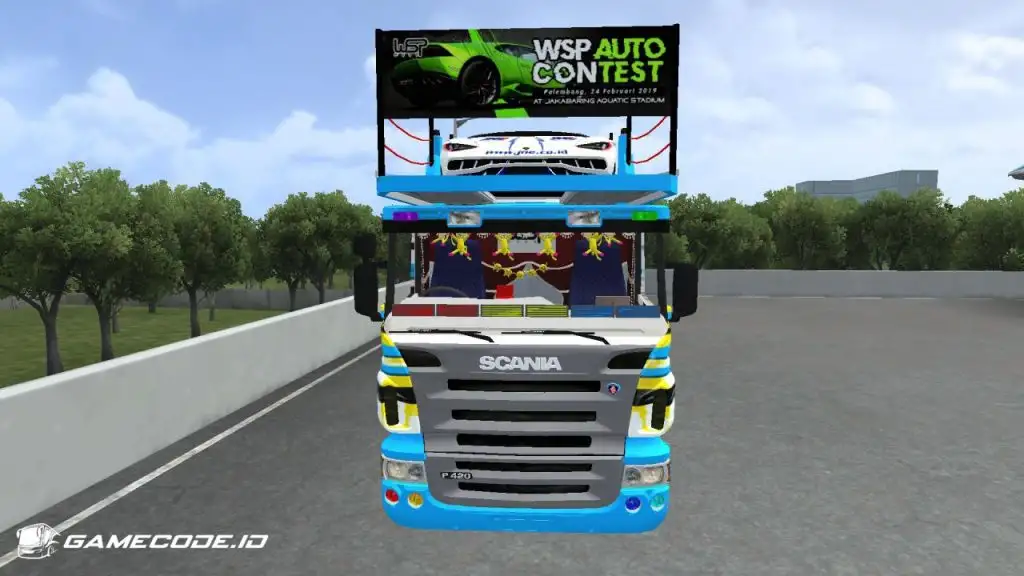 tampilan truk Scania Sport Car Transporter bagian depan