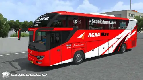 Bus merah Agra Mas dengan bodi depan kotak dan aksen putih di belakang